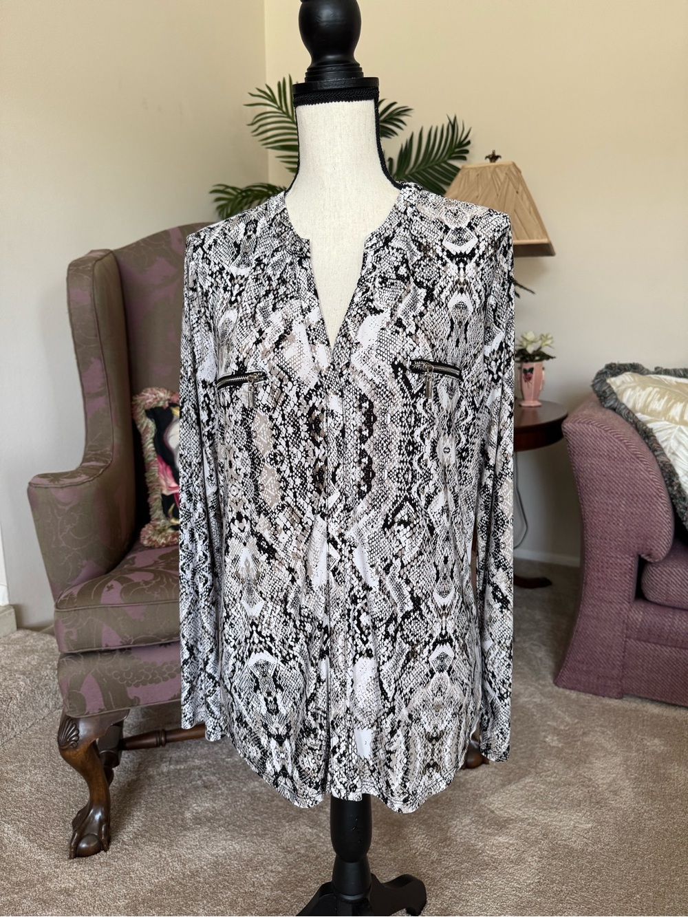 INC International Concepts Snake-Print Button-Front Blouse - Black & White